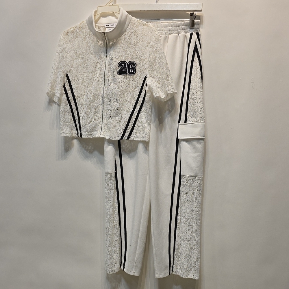 White Lace Women's Jumpsuit with Black Accents